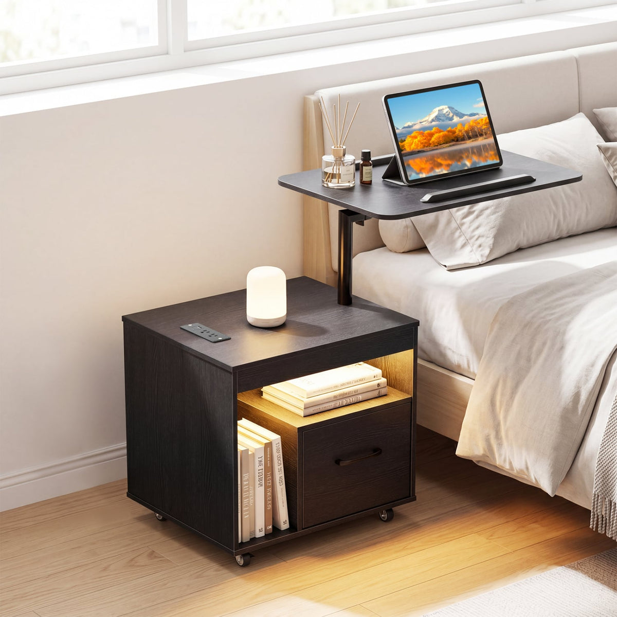 LED Nightstand with Power Outlets Modern Bedside Table with Flip over-Black view 2