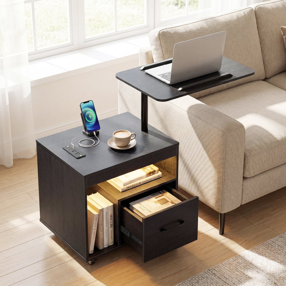 LED Nightstand with Power Outlets Modern Bedside Table with Flip over-Black view 5