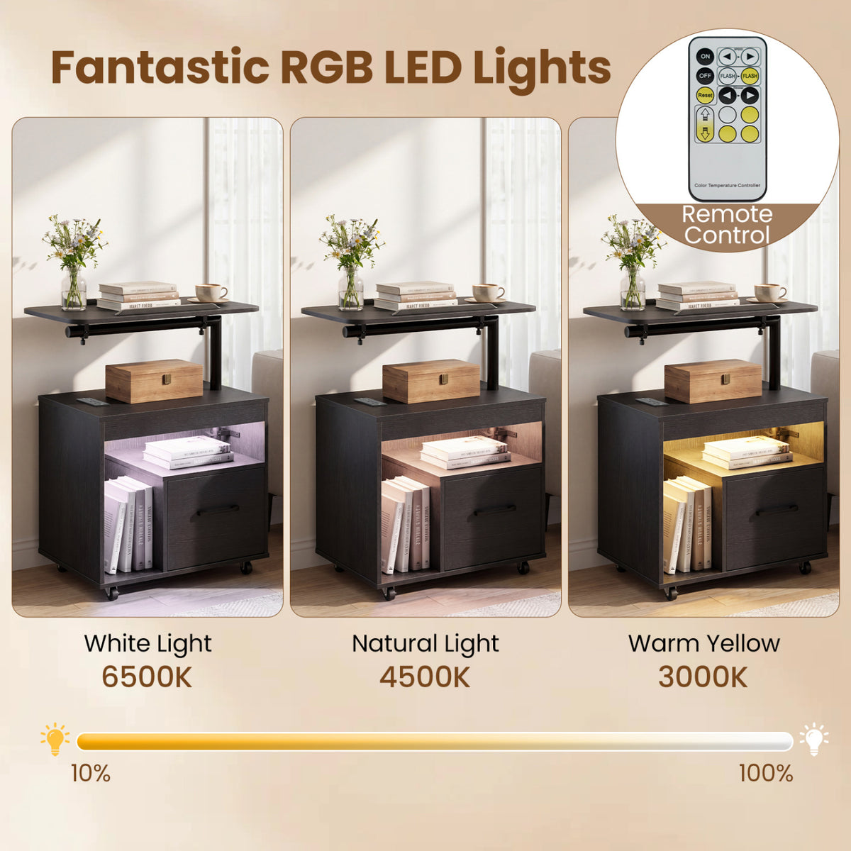 LED Nightstand with Power Outlets Modern Bedside Table with Flip over-Black view 7