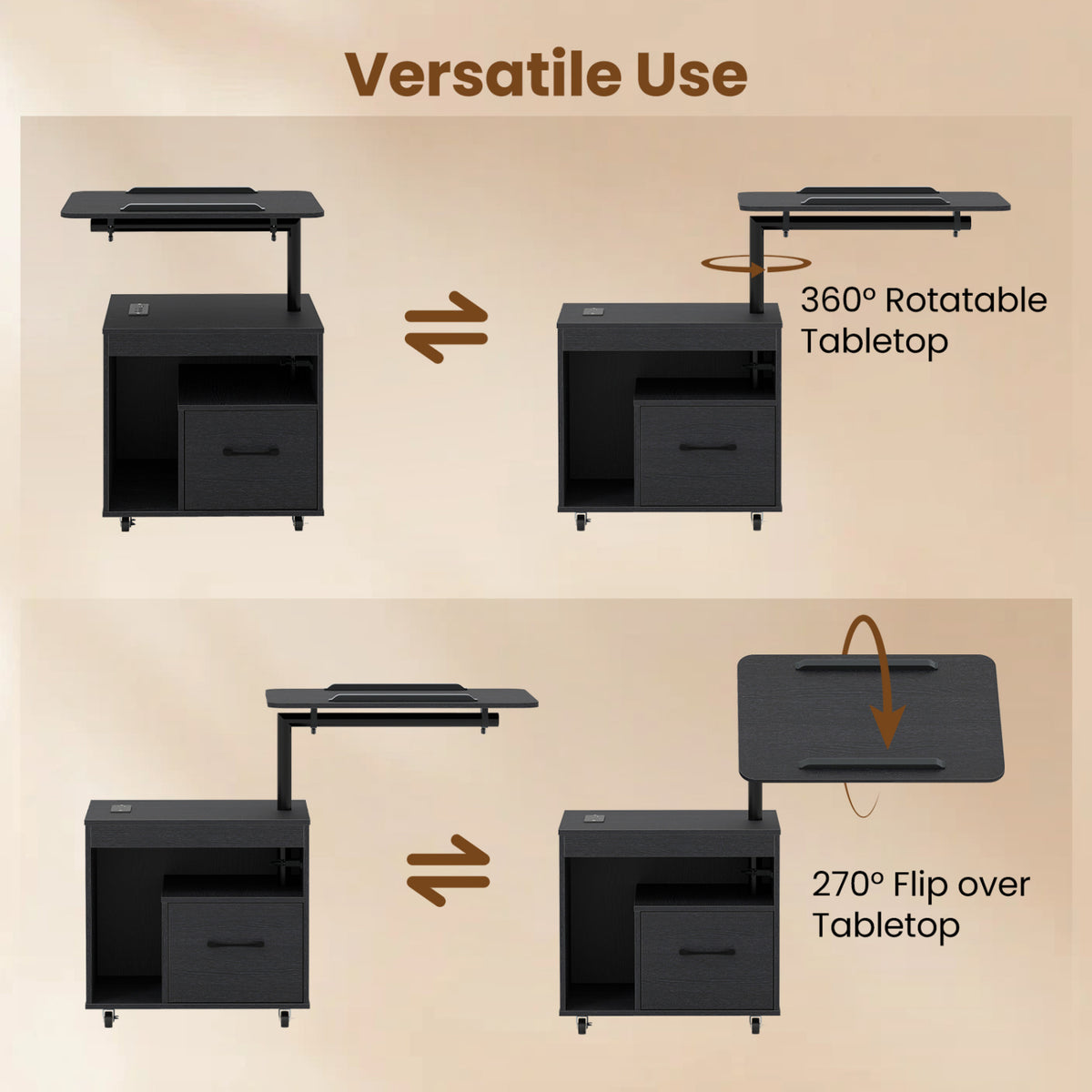LED Nightstand with Power Outlets Modern Bedside Table with Flip over-Black view 8