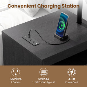 LED Nightstand with Power Outlets Modern Bedside Table with Flip over-Black view 9