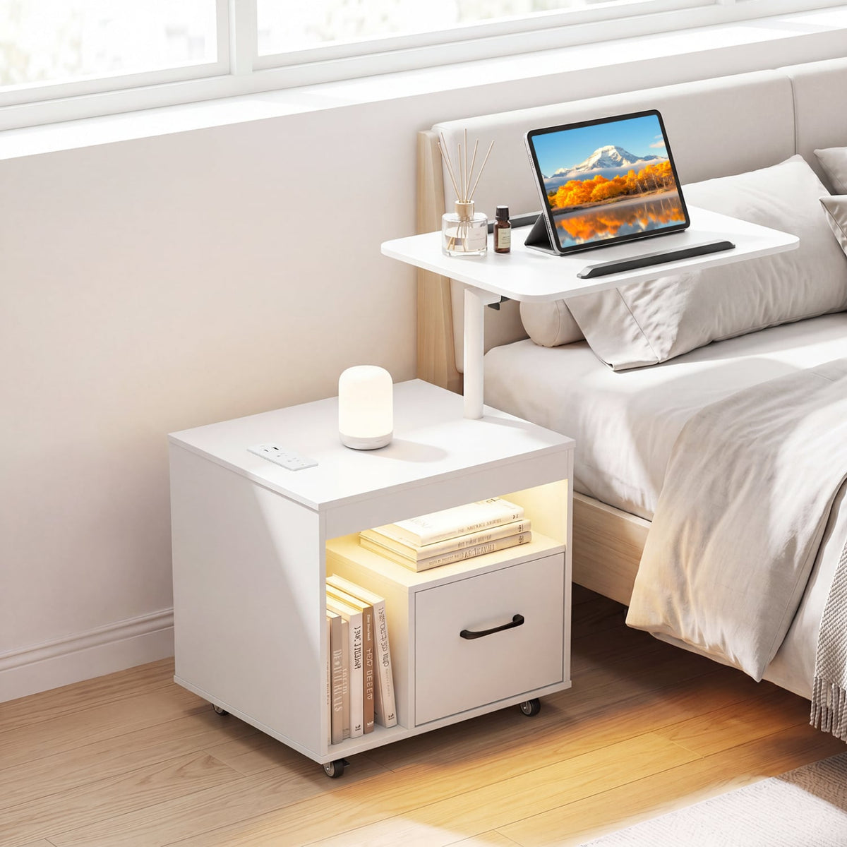 LED Nightstand with Power Outlets Modern Bedside Table with Flip over-White view 2