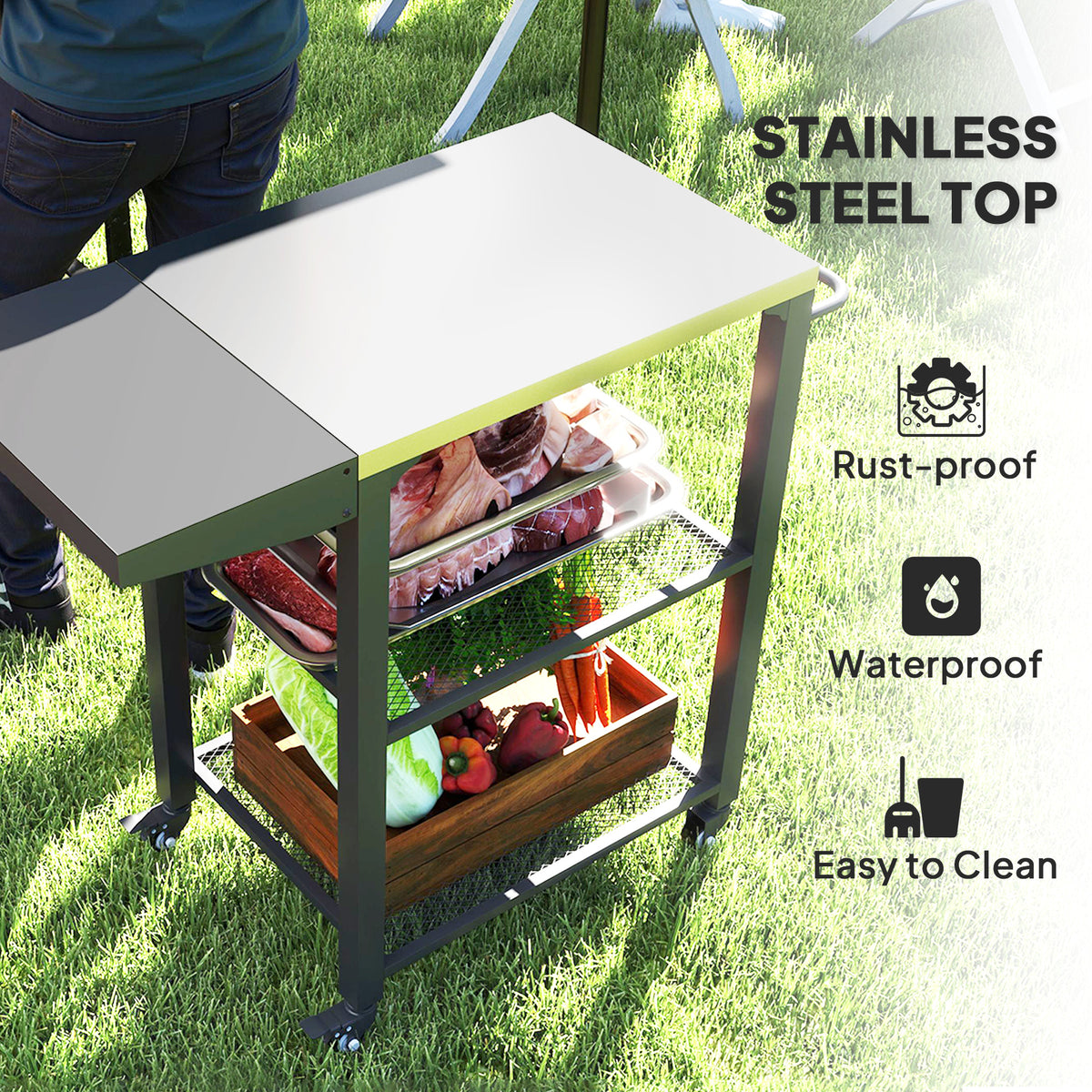 3-Shelf Outdoor Grill Cart Table with Side Handle, Stainless Steel Pizza Oven Stand on Wheels, Black – view 10