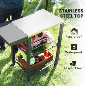 3-Shelf Outdoor Grill Cart Table with Side Handle, Stainless Steel Pizza Oven Stand on Wheels, Black – view 10
