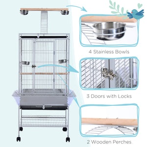 63" Large Bird Parrot Cage Stand Finch Feeder Play Top House Perch Bowl Wheels, Silver