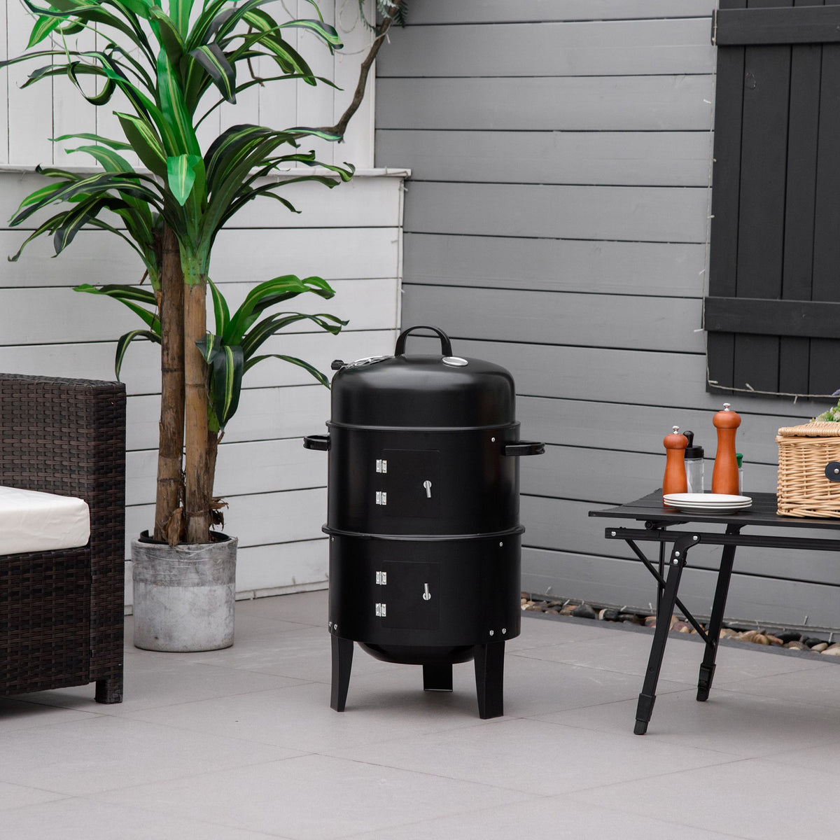 3-in-1 Vertical Charcoal BBQ Smoker, 16" Round Barbecue Grill with 2 Cooking Areas and Thermometer, Black