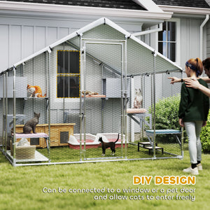 94.5" Extra Large Metal Outdoor Catio with Waterproof Cover, 2 Resting Boxes, 7 Platforms, for Multiple Rabbits, Chicken