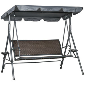 3-Seat Patio Swing Chair, Outdoor Canopy Swing Glider with Adjustable Shade, Rattan Seat and Steel Frame