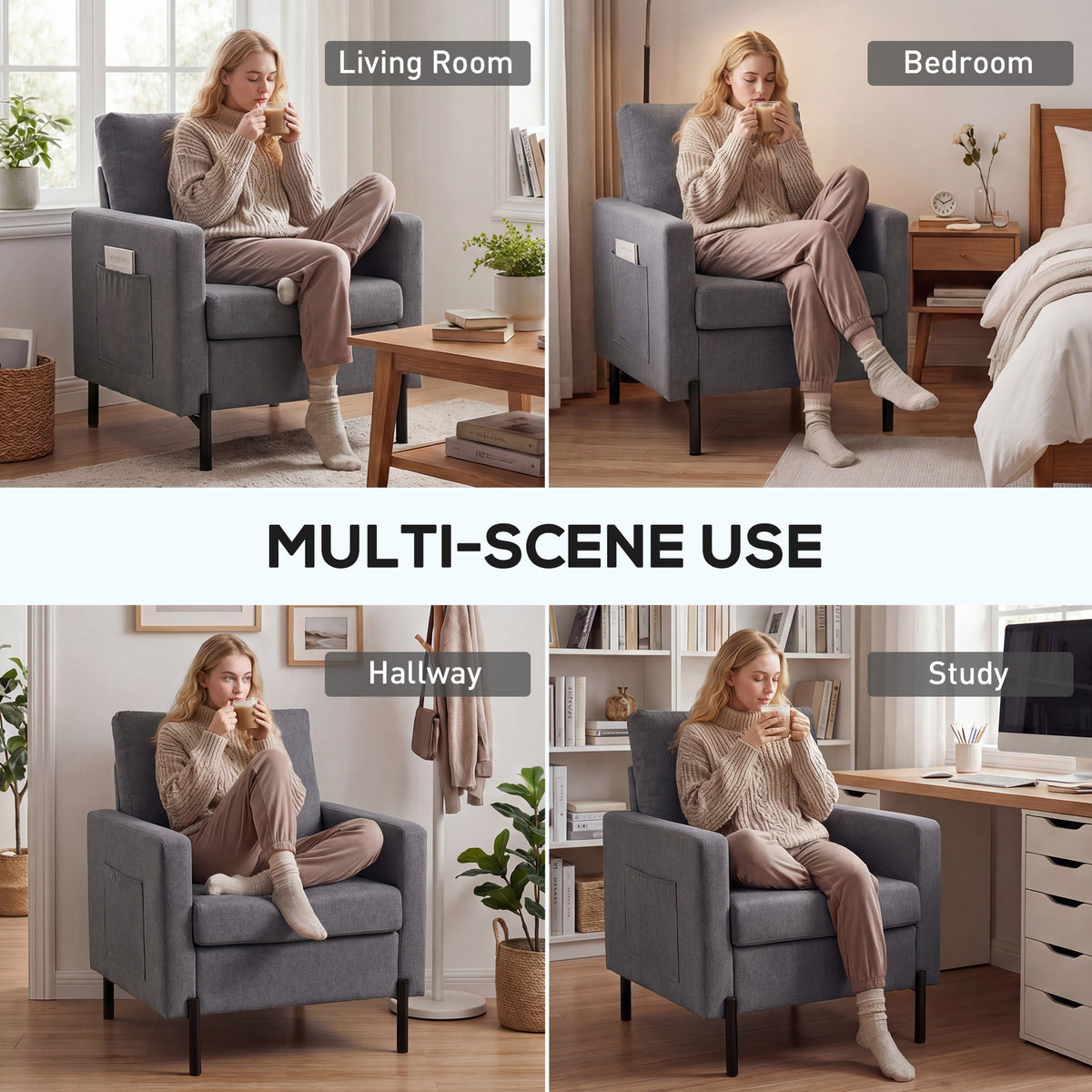 Accent Chair Modern Upholstered Armchair with Side Pockets and Cushion for Bedroom, Living Room, Beige – view 12