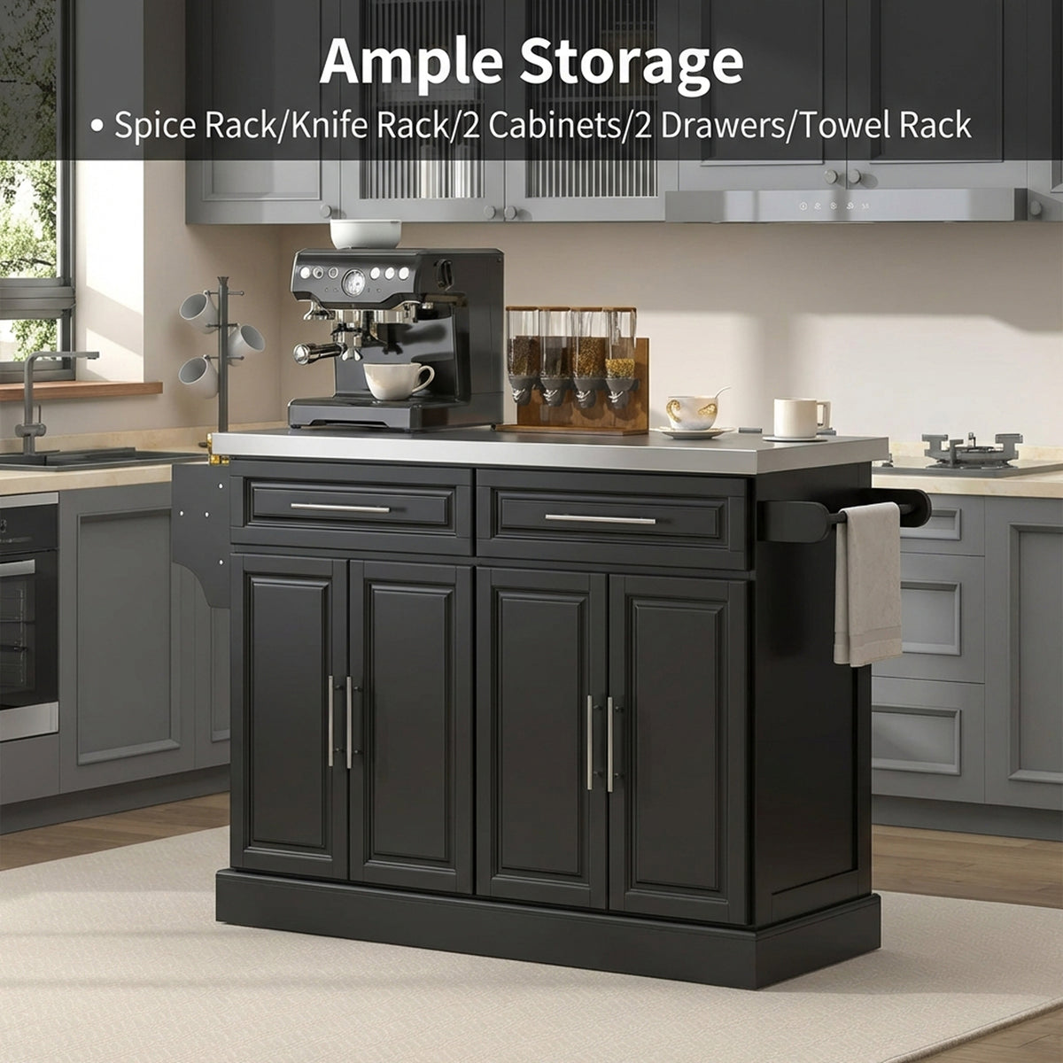 Stainless Steel Kitchen Island with Storage and Stainless Steel Top, Kitchen Trolley with Drawers – view 10