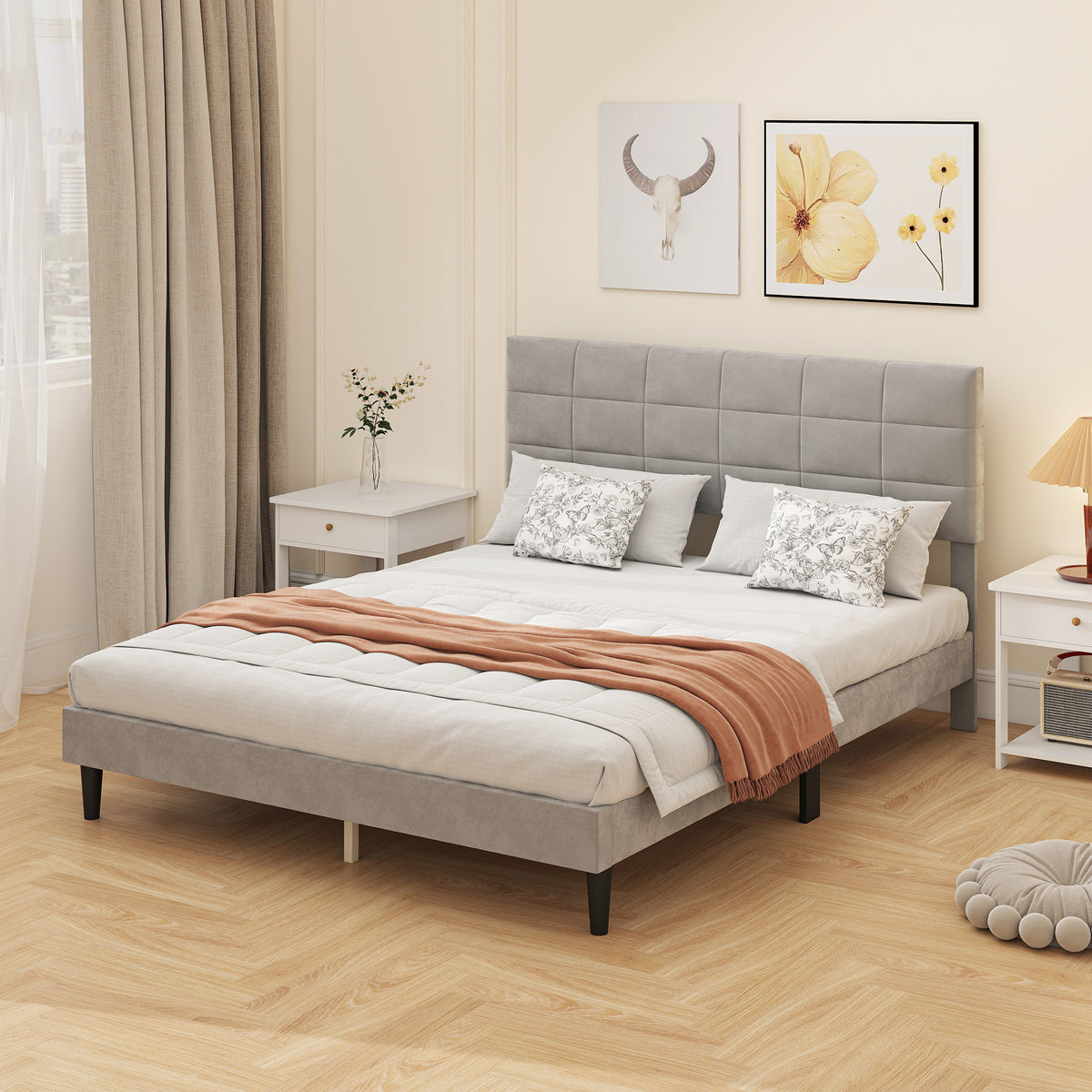 Queen Size Bed Frame with Upholstered Headboard, Modern Platform Bed Frame with Wood Slats, 1100 lbs Capacity, Cream