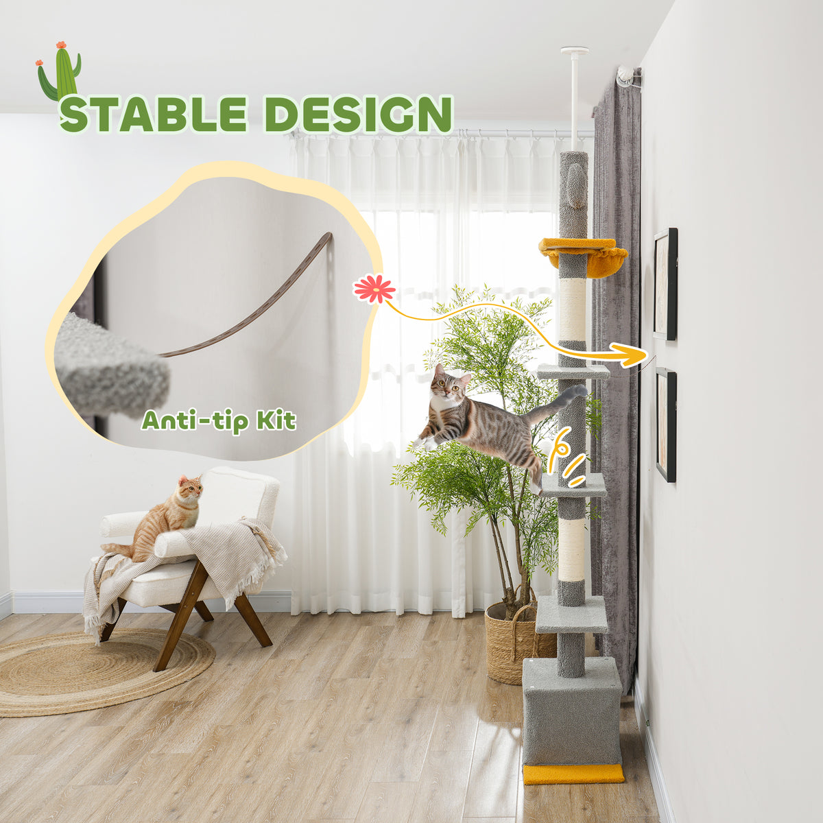 Floor to Ceiling Cat TreeTower with 90.5"-108" Adjustable Height, Scratching Posts, Hammock, Condo – view 18