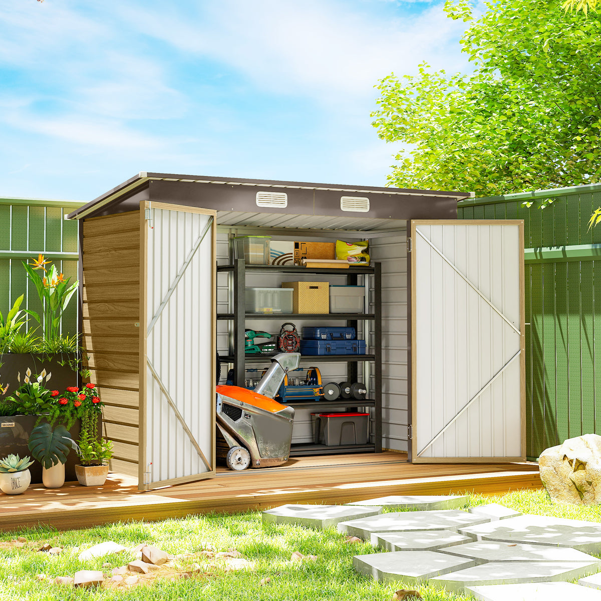 8 x 4FT Galvanized Garden Storage Shed, Metal Outdoor Shed with Double Doors and 2 Vents, Oak – view 7