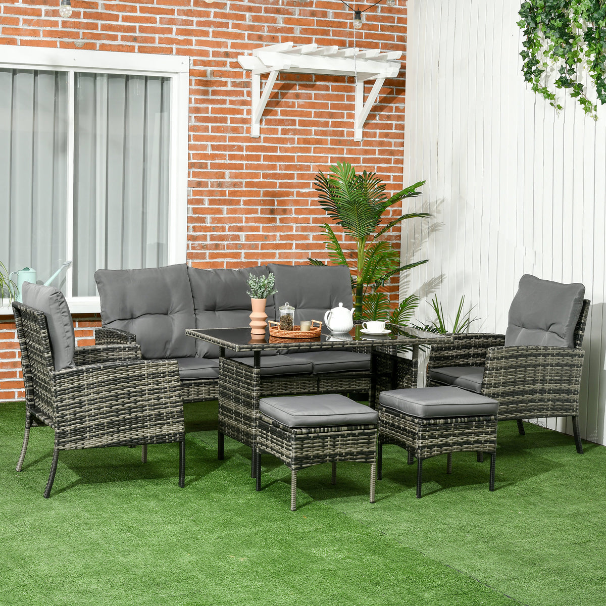 6-Piece Outdoor Patio Furniture Set with Chairs, Ottomans, Sofa, Glass Top Coffee Table and Cushions, Wicker Rattan Conversation Set for Backyard and Porch, Grey