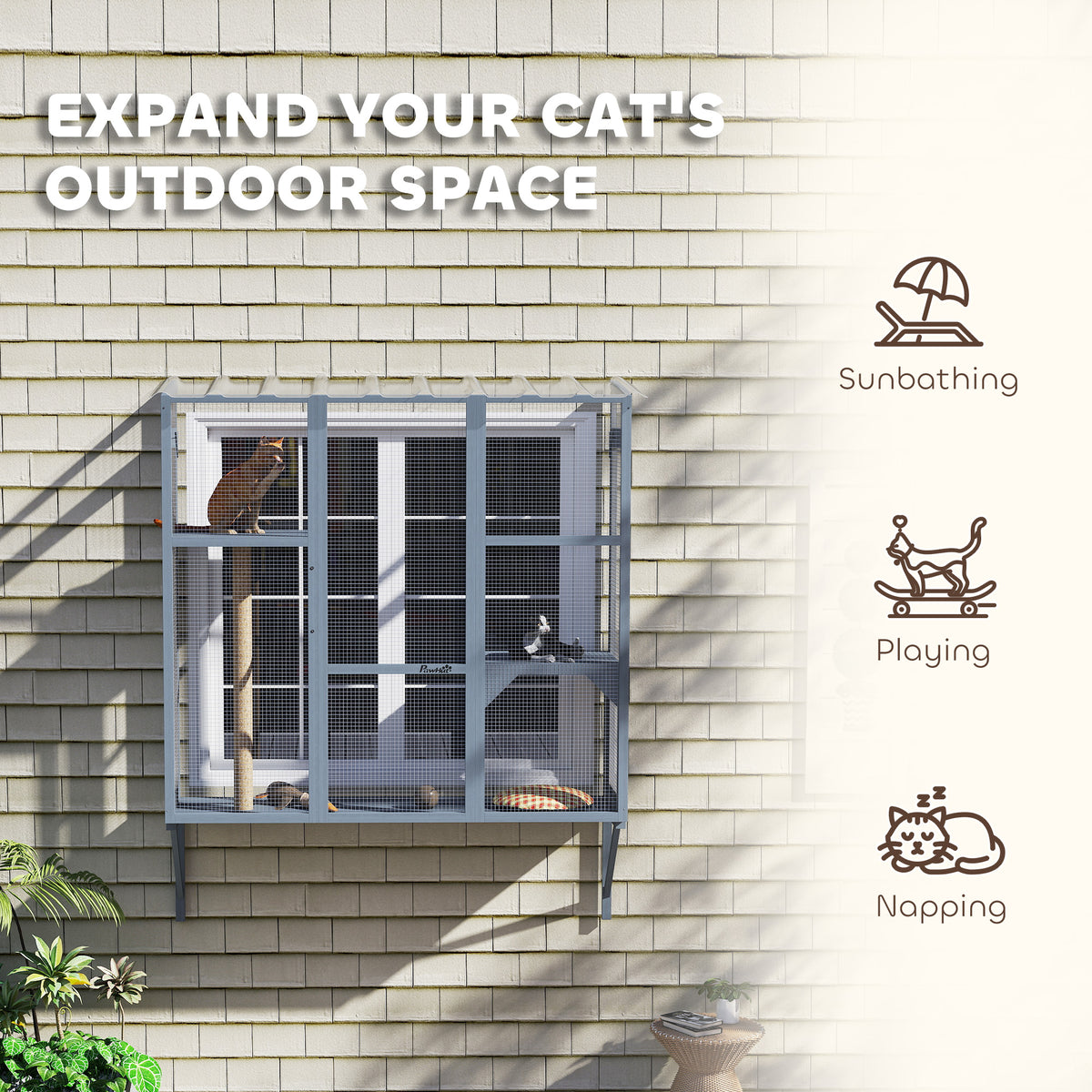 Wooden Catio Outdoor, Cat Window Box Enclosure for 2-3 Large Cats with 2 Jumping Platforms & Scratching – view 3