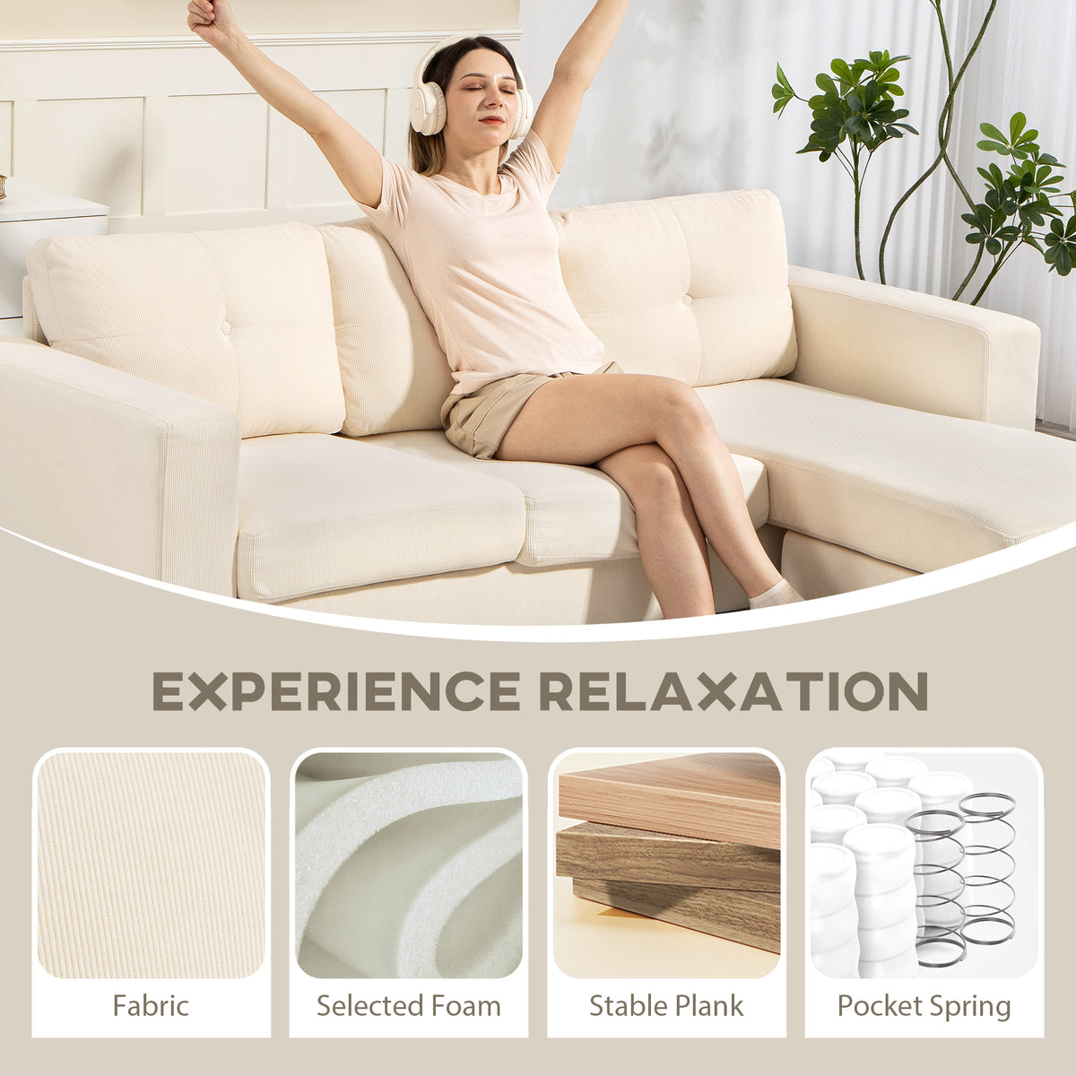 Sectional Sofa with Changeable Chaise Lounge, 3 Seat L-Shaped Small Space Sofa – view 11