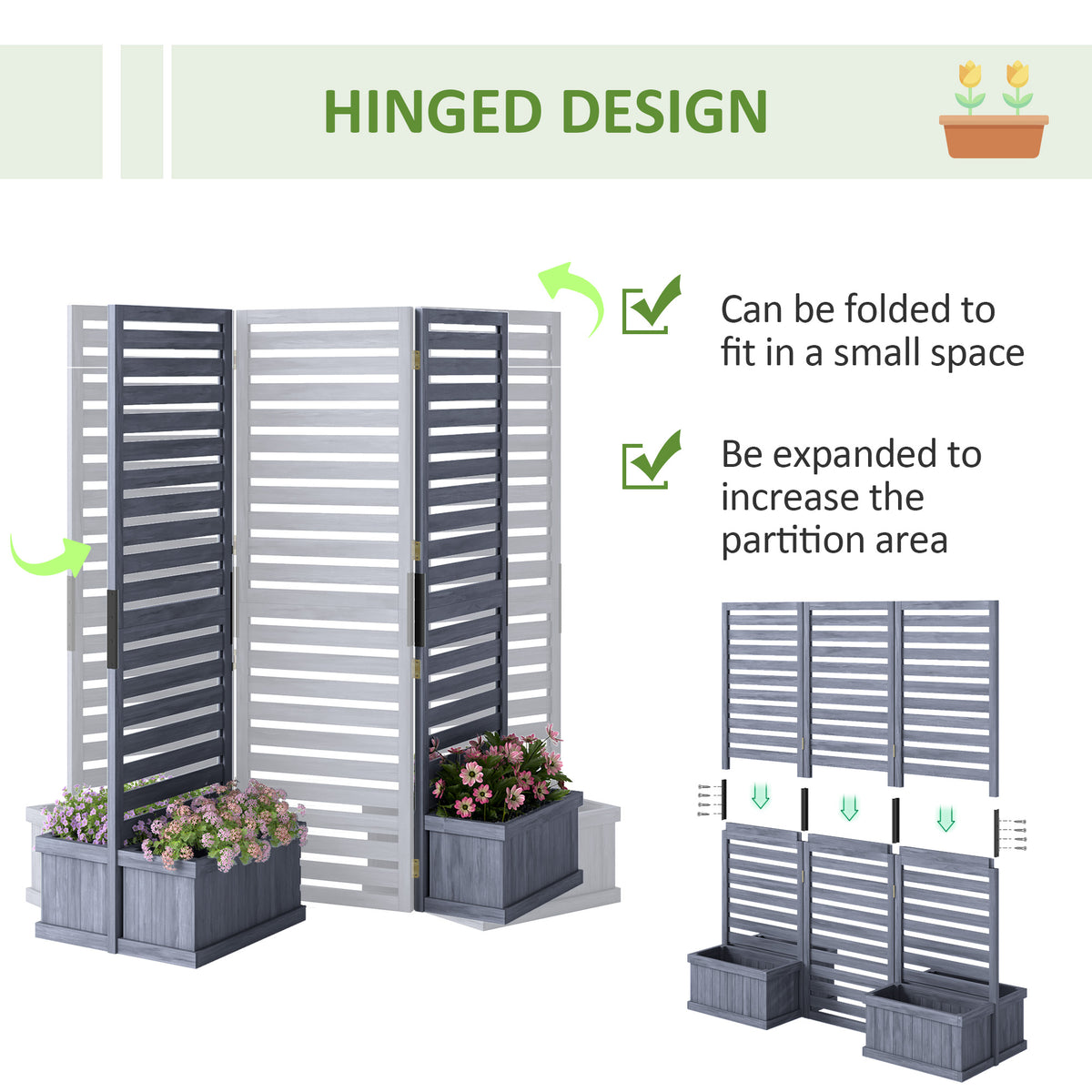 Outdoor Privacy Screen Wood Privacy Panel with 4 Planter Boxes, Raised Bed with 3 Panels, Drainage Holes – view 11