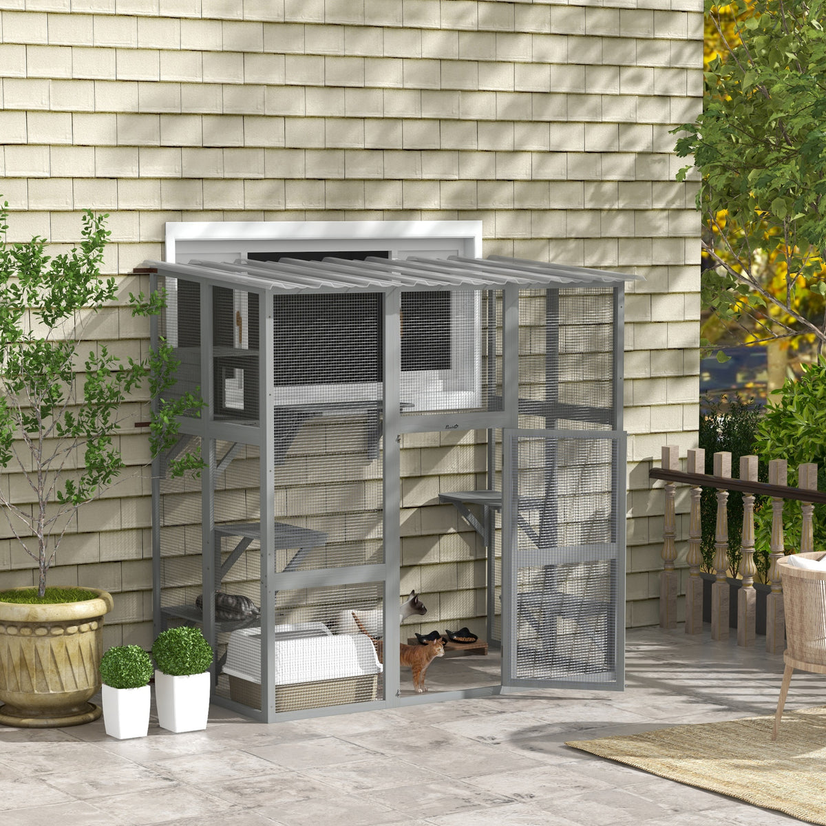 Large Outdoor Catio with Weatherproof Roof, Bridge, Resting Box, Platforms, Grey – view 7