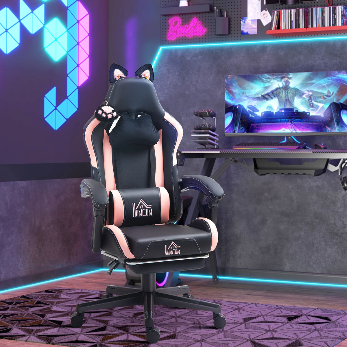 Cute Racing Gamer Chair, Faux Leather Gaming Chair with Footrest, Headrest and Lumbar Support, Black – view 7