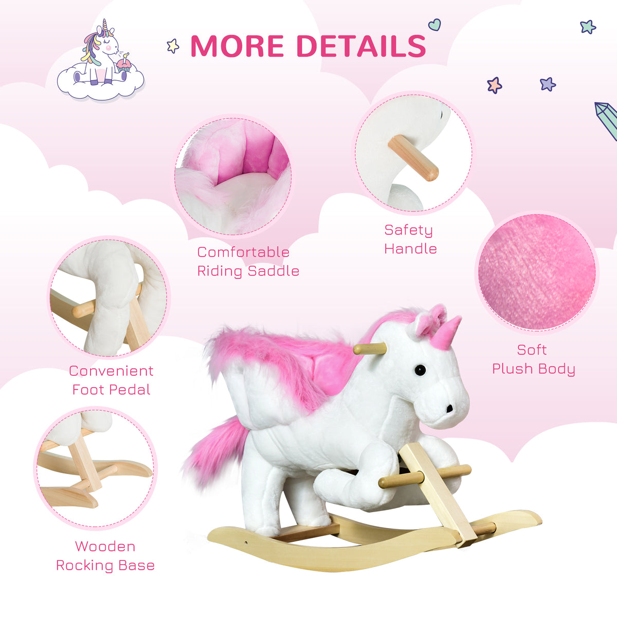 Qaba Baby Rocking Horse, Plush Animal Rocker for Toddlers Aged 18-36 Months, Stuffed Ride Toy with Sounds, Seat Belt, White and Pink
