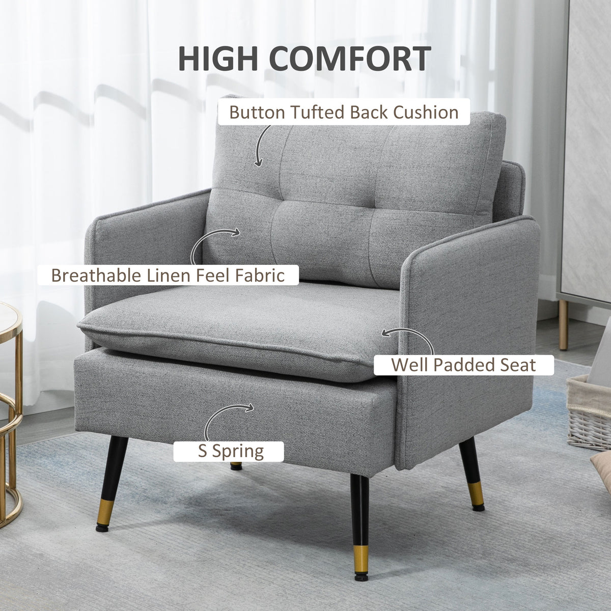 Accent Chair, Upholstered Armchair with Tufted Back Cushion and Steel Legs for Living Room, Bedroom – view 17