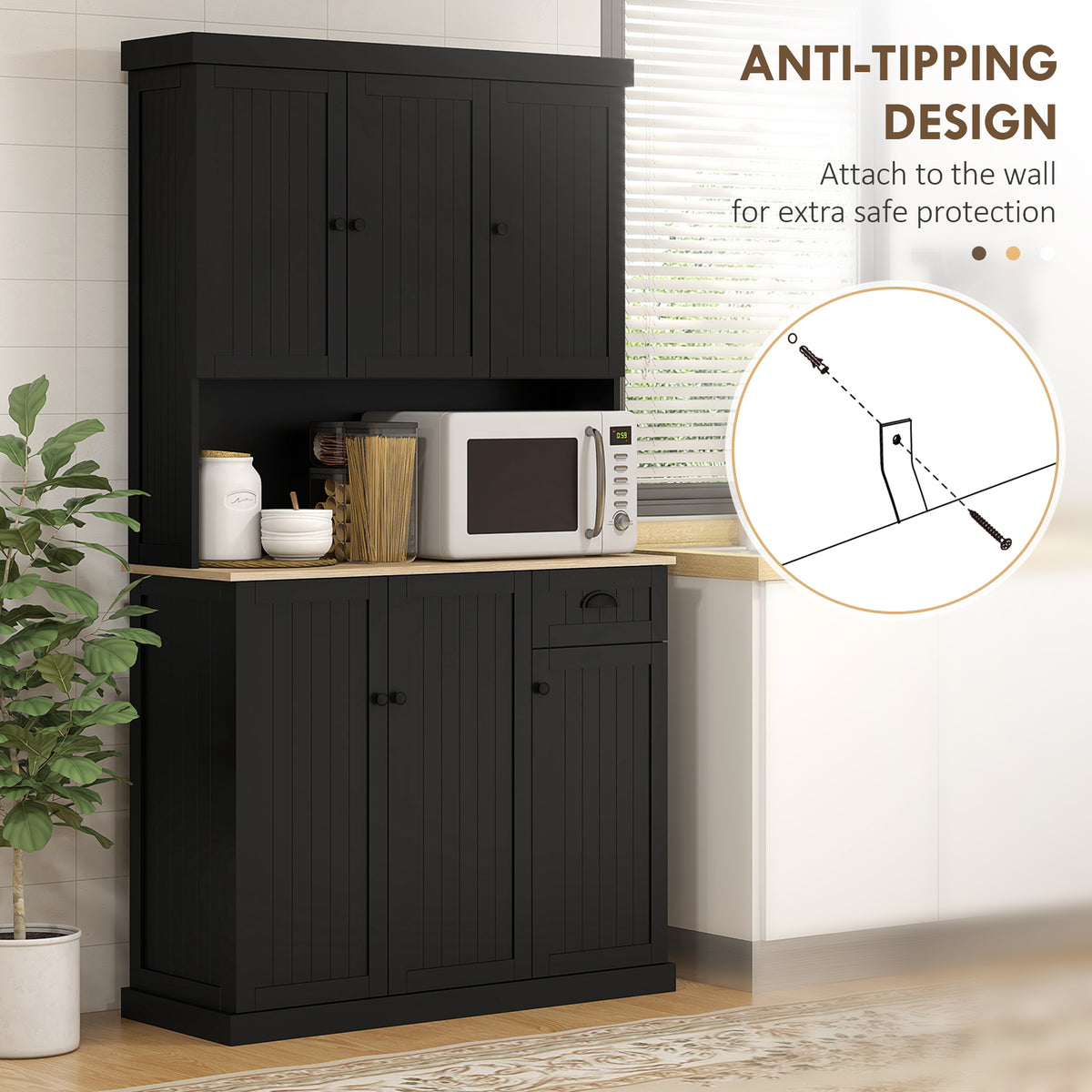 71" Kitchen Pantry Buffet with Hutch Storage Cabinet Microwave Oven Stand with Drawer, Black – view 6