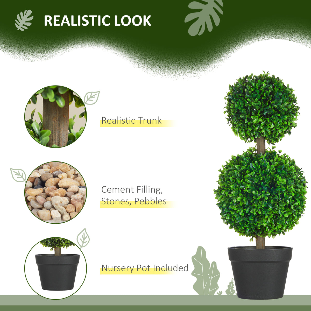 Artificial Boxwood Topiary Tree Set of 2, Faux Boxwood Ball Trees in Pot, Fake Plant for Indoor Outdoor Decor, Green