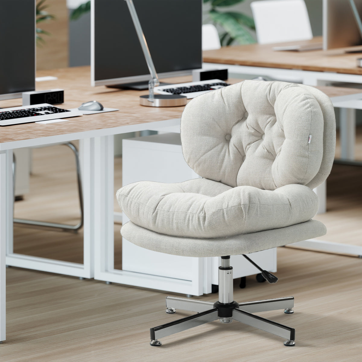 Computer Desk Chair, Armless Office Chair with Wide Padded Seat and Adjustable Height, Cream White – view 7