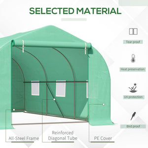 15' x 10' x 7' Walk-in Greenhouse Outdoor Plant Tunnel Warm Hot House w/ Roll Up Door and 6 Mesh Windows, Steel Frame, Green