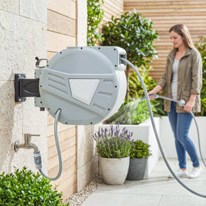 Retractable Garden Hose Reel, 1/2" x 98ft Wall Mounted Hose Reel with Auto Retraction, Self-Locking, Grey