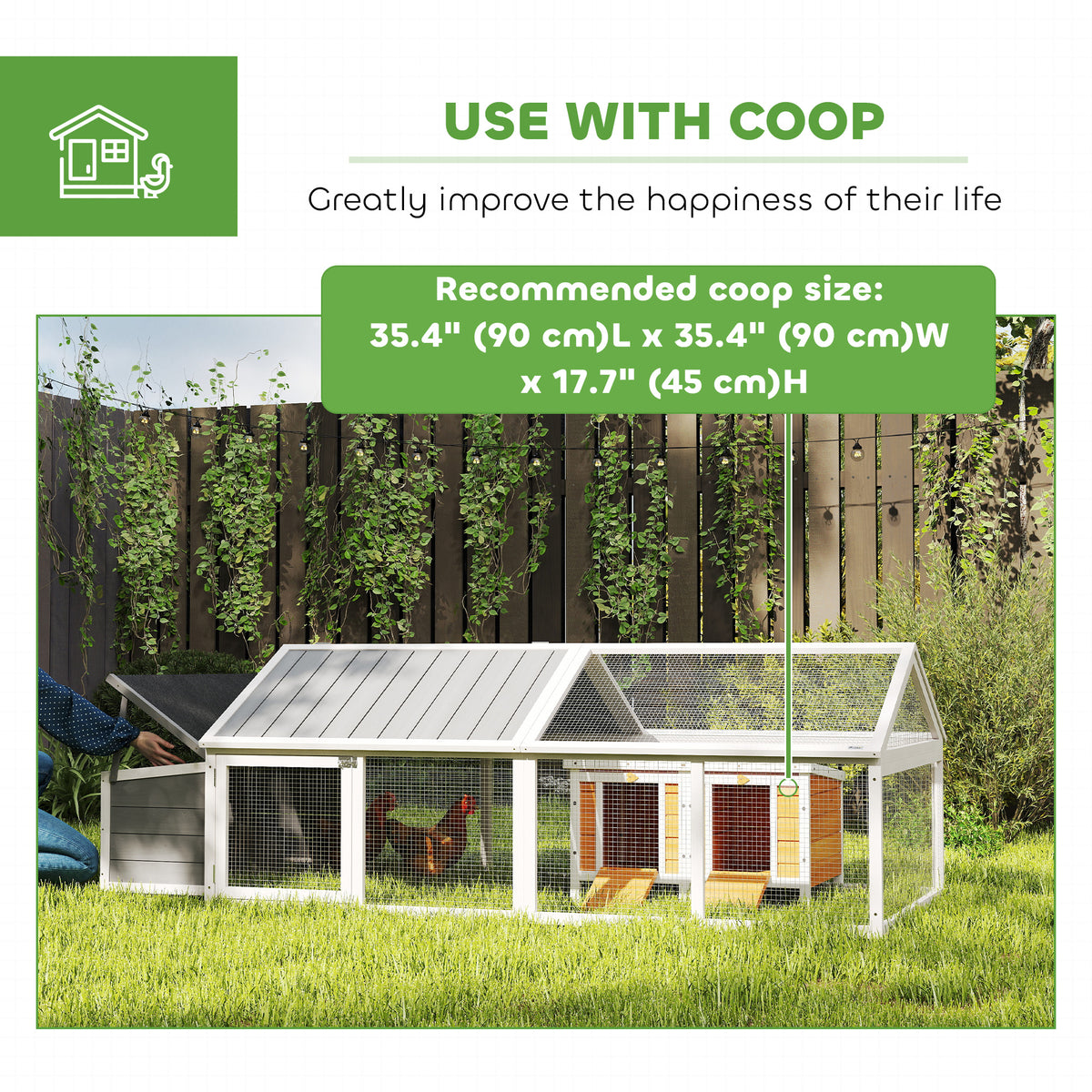 95"L Chicken Run Large Chicken Coop with Nesting Box Wooden Roof Side Door for Outdoor 4–8 Chickens