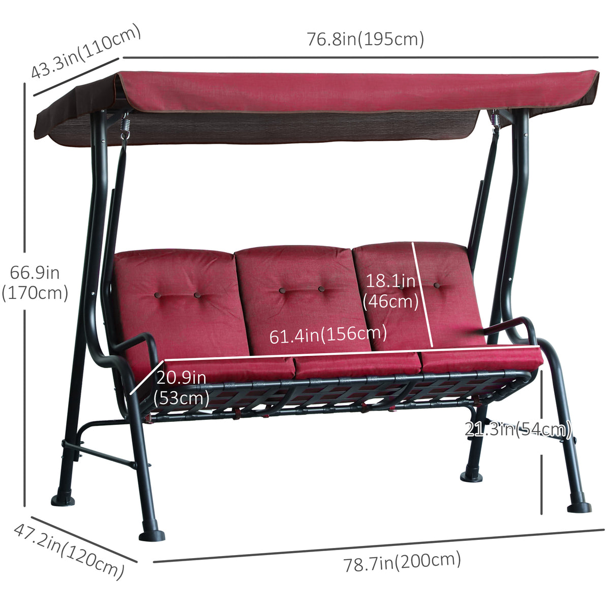 3-Person Porch Swing Chair, Patio Swing Bench with Adjustable Canopy – view 4