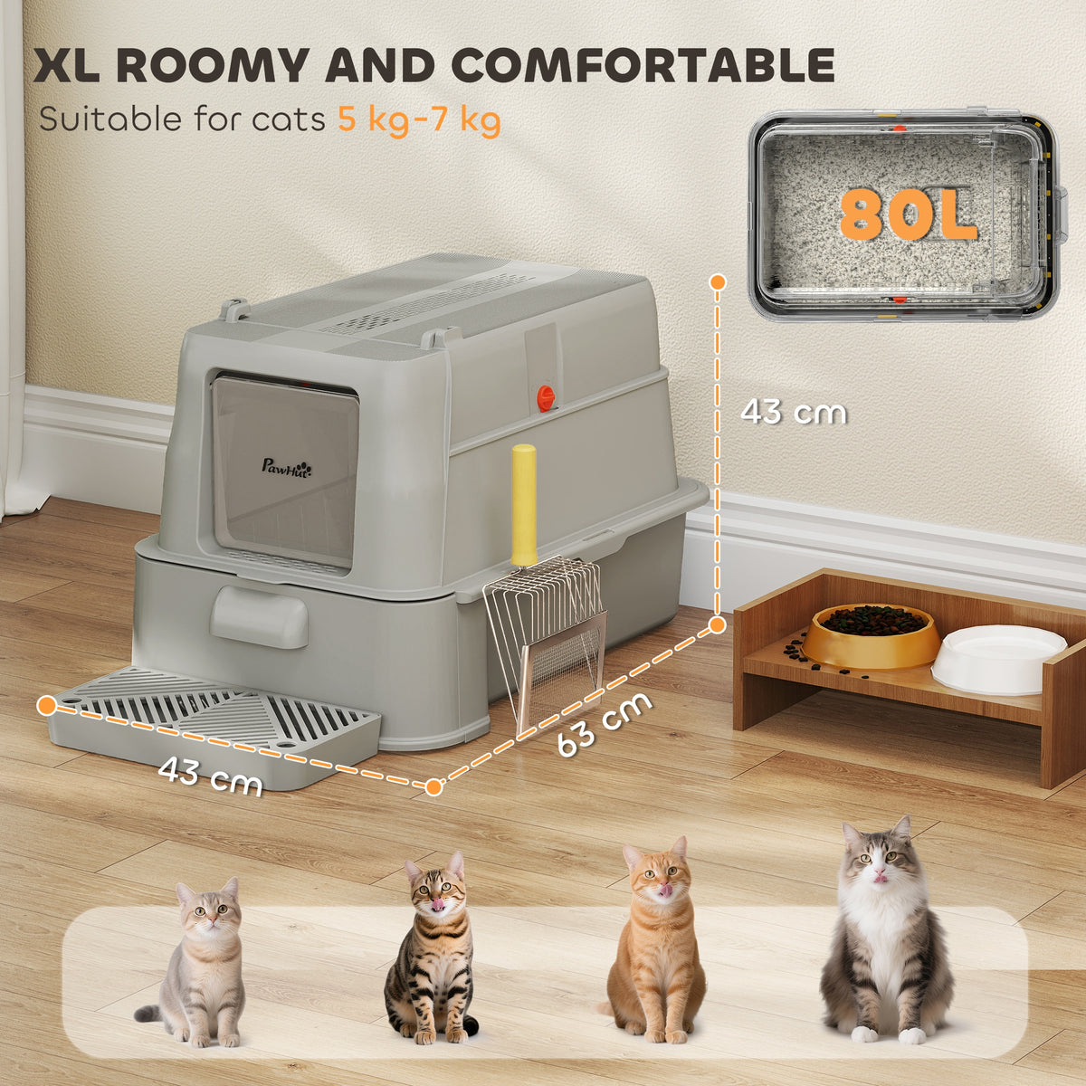 80L XL Stainless Steel Cat Litter Box for Big Cats with Flip Cover, Pull-Out Drawer Tray, High Sided – view 11