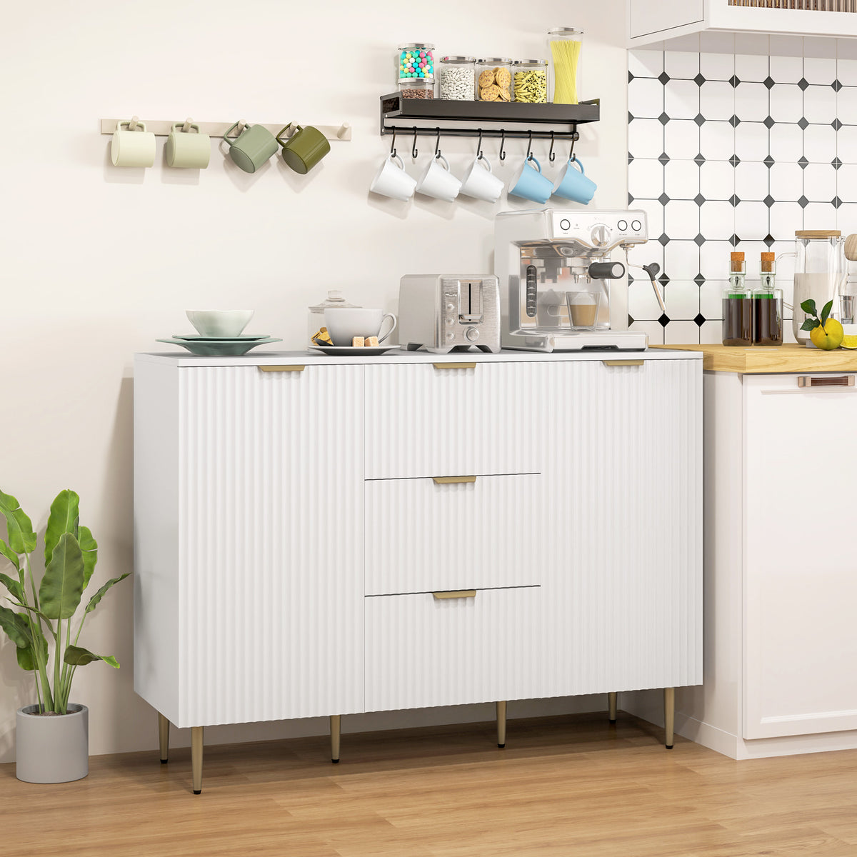 Modern Kitchen Storage Cabinet, Sideboard Buffet Cabinet w/ 3 Drawers and Adjustable Shelves for Kitchen – view 21