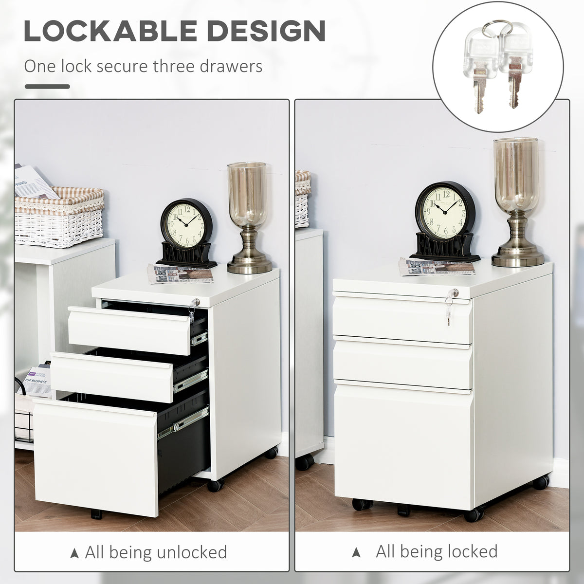 3 Drawer Filing Cabinet, Lockable Office Storage Cabinet on Wheels for Legal, Letter, A4 Files, Black – view 12
