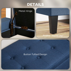 Storage Ottoman Bench, Linen Upholstered Bench with Tufted Design, Dark Blue