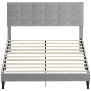 Queen Size Bed Frame with Upholstered Headboard, Modern Platform Bed Frame with Wood Slats, 1100 lbs Capacity, Cream
