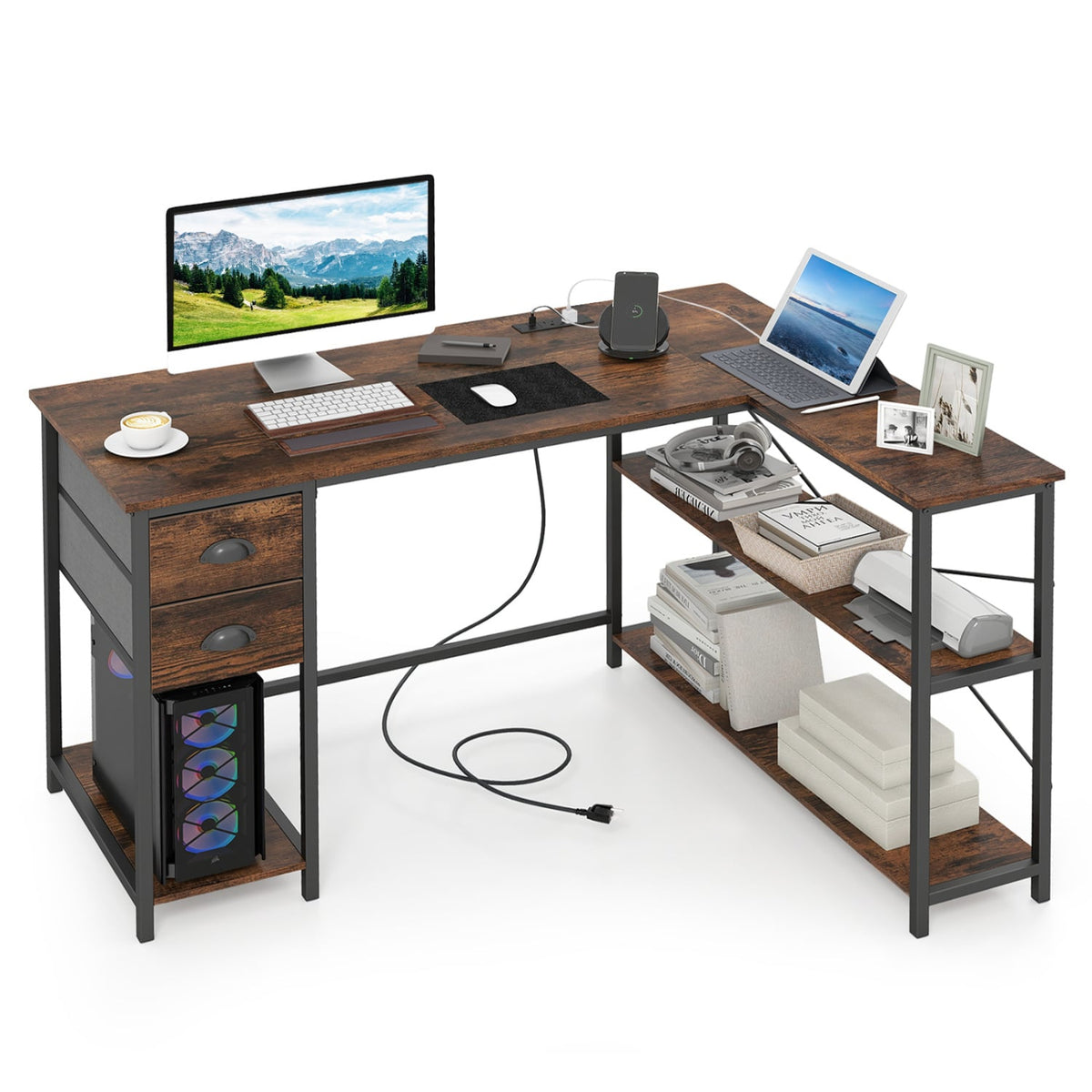 L Shaped Desk with Charging Station Corner Computer Desk with 2 Fabric Drawers-Rustic Brown view 4