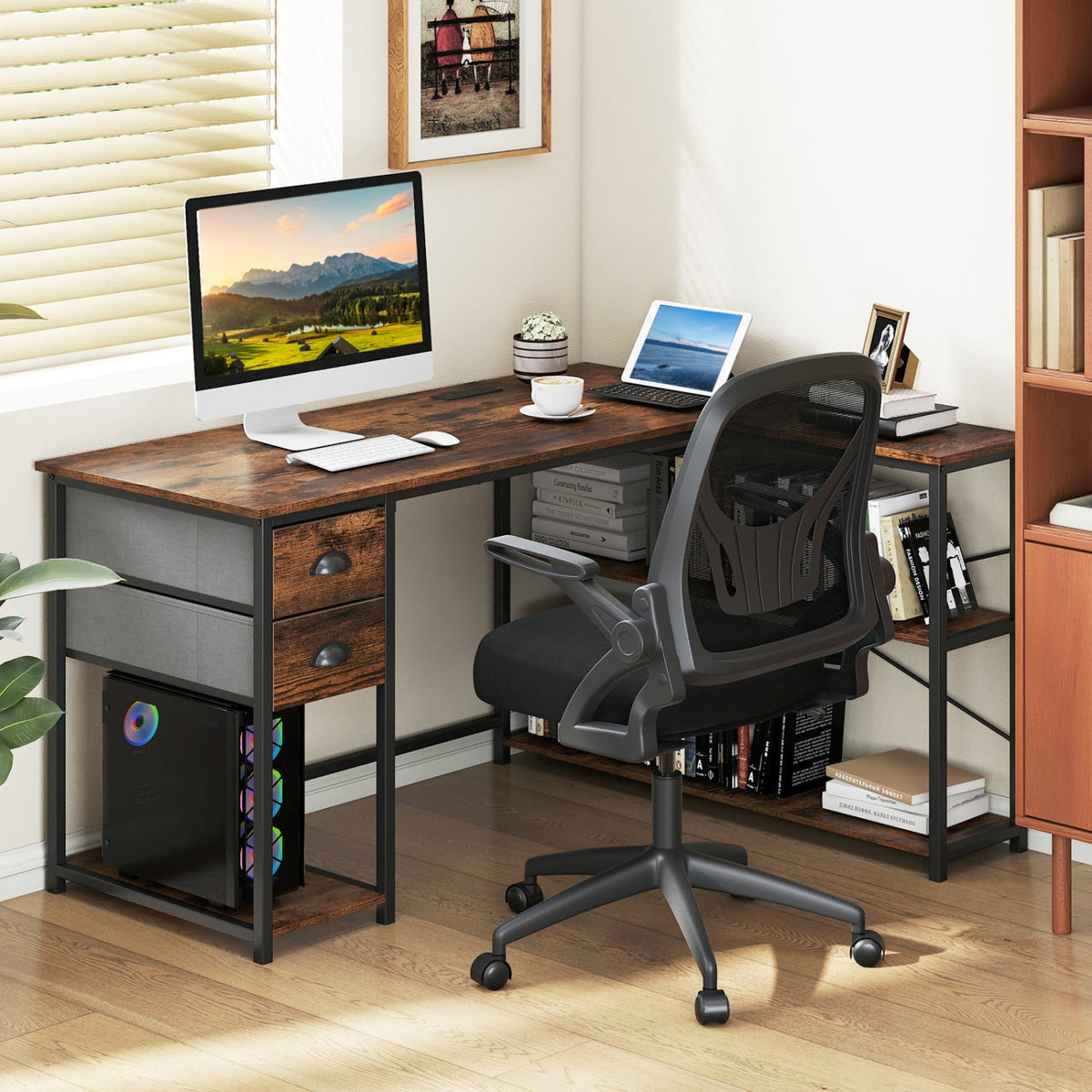L Shaped Desk with Charging Station Corner Computer Desk with 2 Fabric Drawers-Rustic Brown view 2
