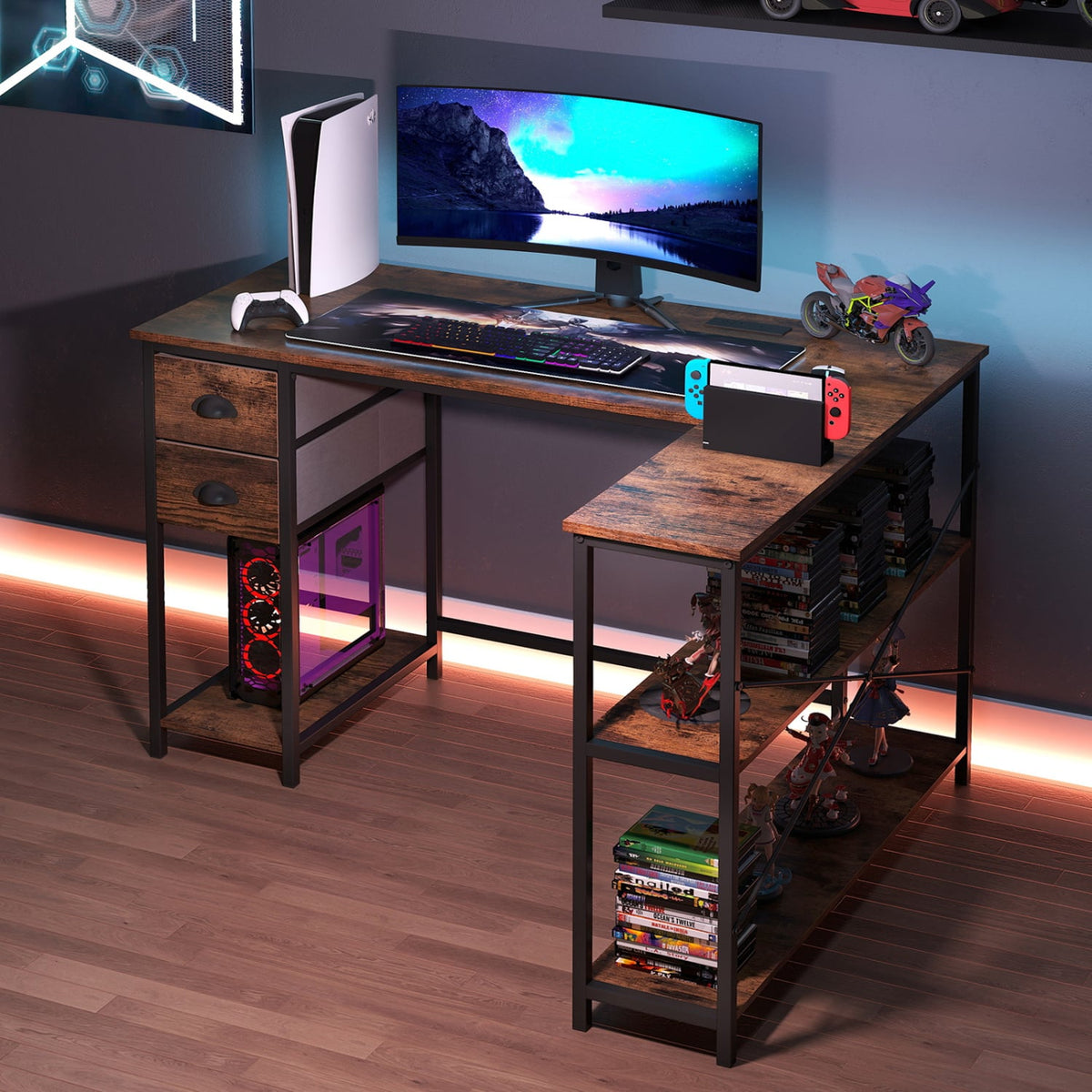 L Shaped Desk with Charging Station Corner Computer Desk with 2 Fabric Drawers-Rustic Brown view 3
