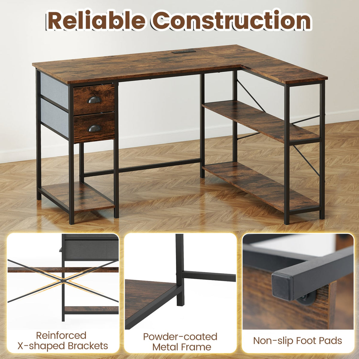 L Shaped Desk with Charging Station Corner Computer Desk with 2 Fabric Drawers-Rustic Brown view 7