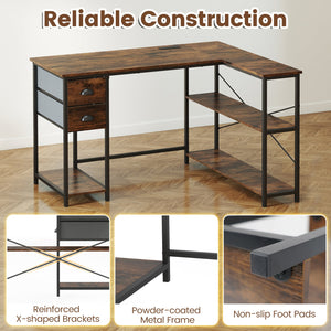 L Shaped Desk with Charging Station Corner Computer Desk with 2 Fabric Drawers-Rustic Brown view 7