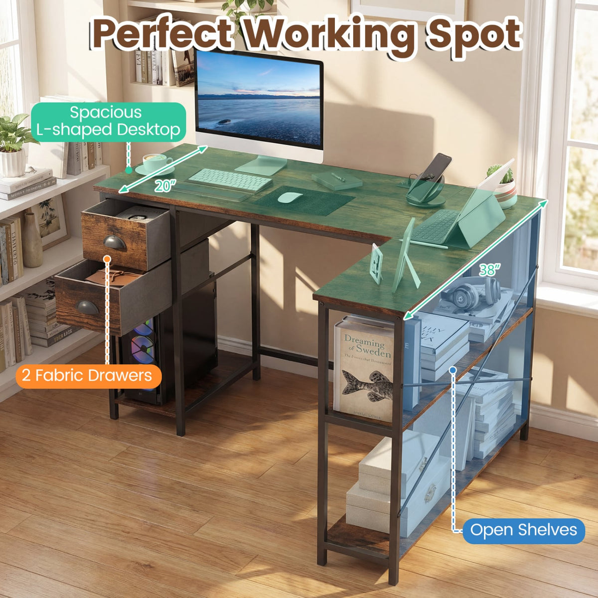 L Shaped Desk with Charging Station Corner Computer Desk with 2 Fabric Drawers-Rustic Brown view 8