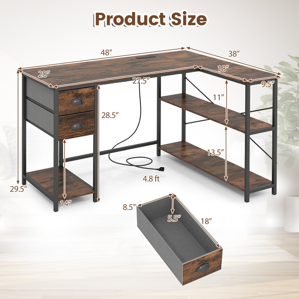 L Shaped Desk with Charging Station Corner Computer Desk with 2 Fabric Drawers-Rustic Brown view 5
