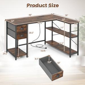 L Shaped Desk with Charging Station Corner Computer Desk with 2 Fabric Drawers-Rustic Brown view 5