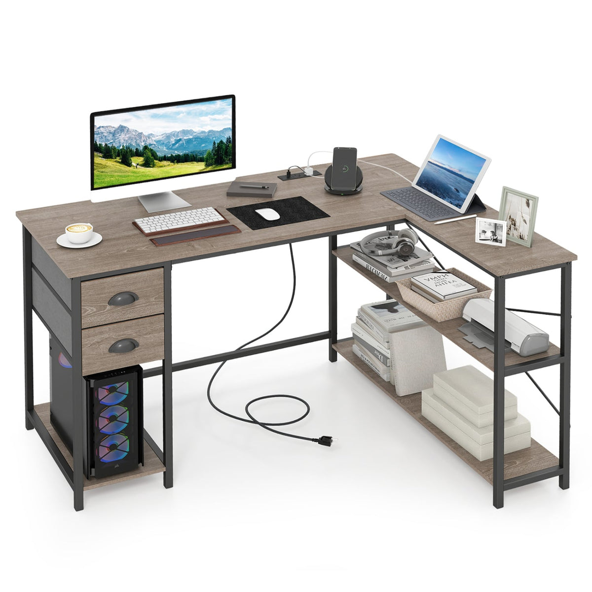 L Shaped Desk with Charging Station Corner Computer Desk with 2 Fabric Drawers-Oak
