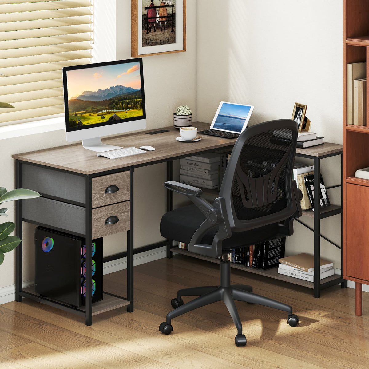 L Shaped Desk with Charging Station Corner Computer Desk with 2 Fabric Drawers-Oak view 2