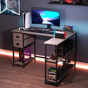L Shaped Desk with Charging Station Corner Computer Desk with 2 Fabric Drawers-Oak view 3