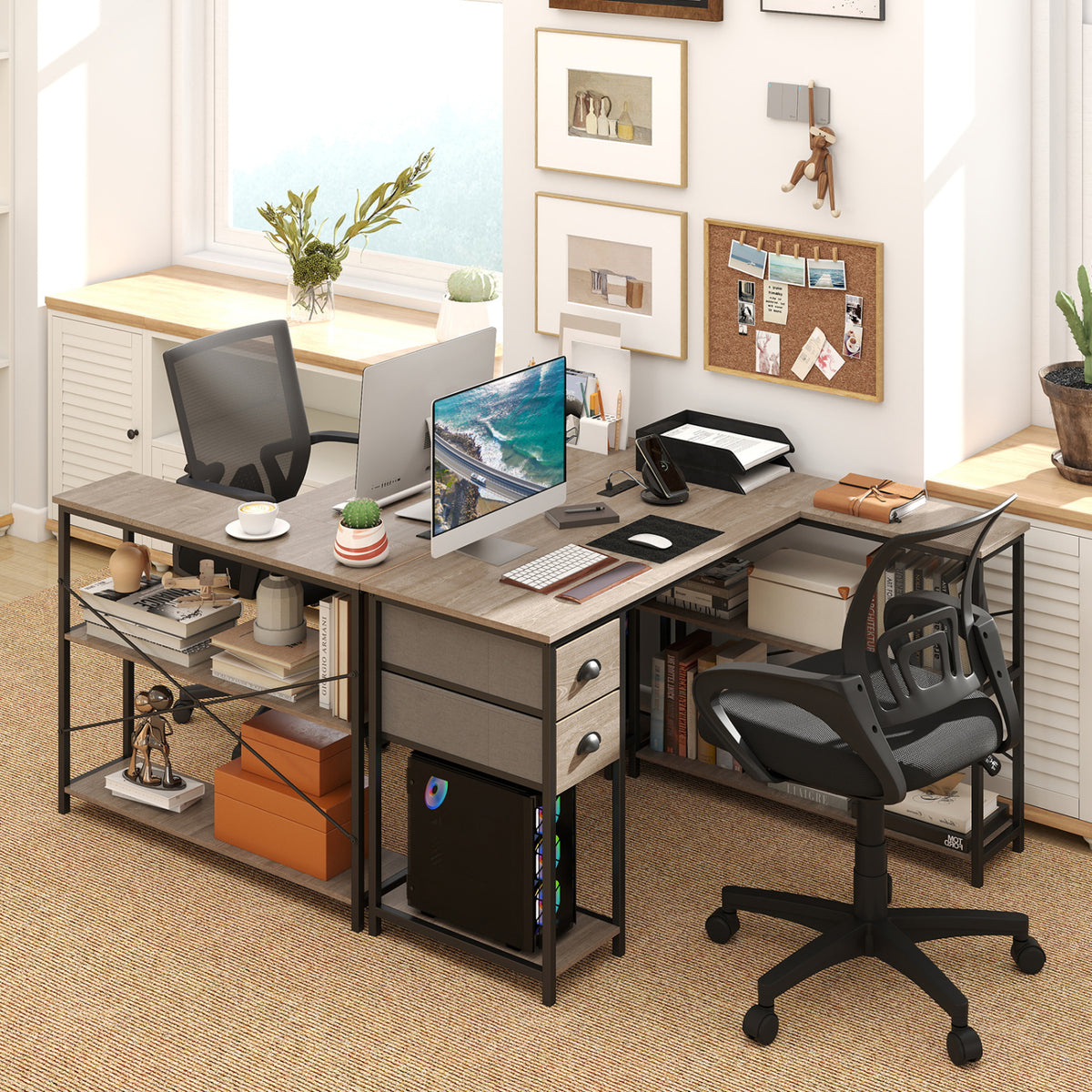L Shaped Desk with Charging Station Corner Computer Desk with 2 Fabric Drawers-Oak view 6