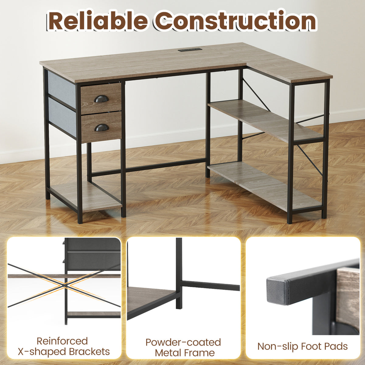 L Shaped Desk with Charging Station Corner Computer Desk with 2 Fabric Drawers-Oak view 7